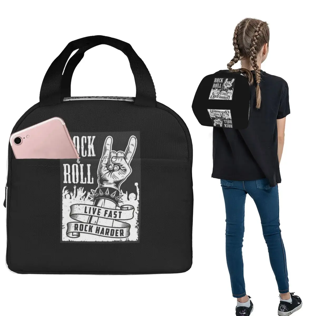 Rock Star Skull Rock N Roll Insulated Lunch Bag for Women Children Portable Food Boxes Thermal Lunch Box Tote