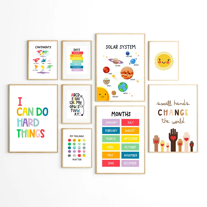 Educational Alphabet Time Shapes Wall Art Posters and Prints Canvas Painting for School Kindergarten Nursery Playroom Wall De