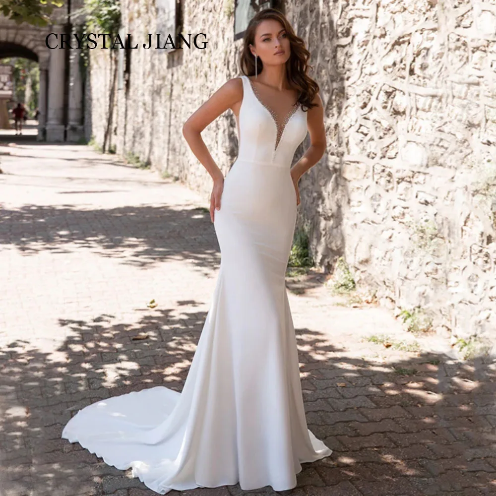 

Classy Long Deep V Neck Satin Wedding Dresses Sleeveless فستان الزفاف Backless Mermaid Sweep Train Custom Made for Women