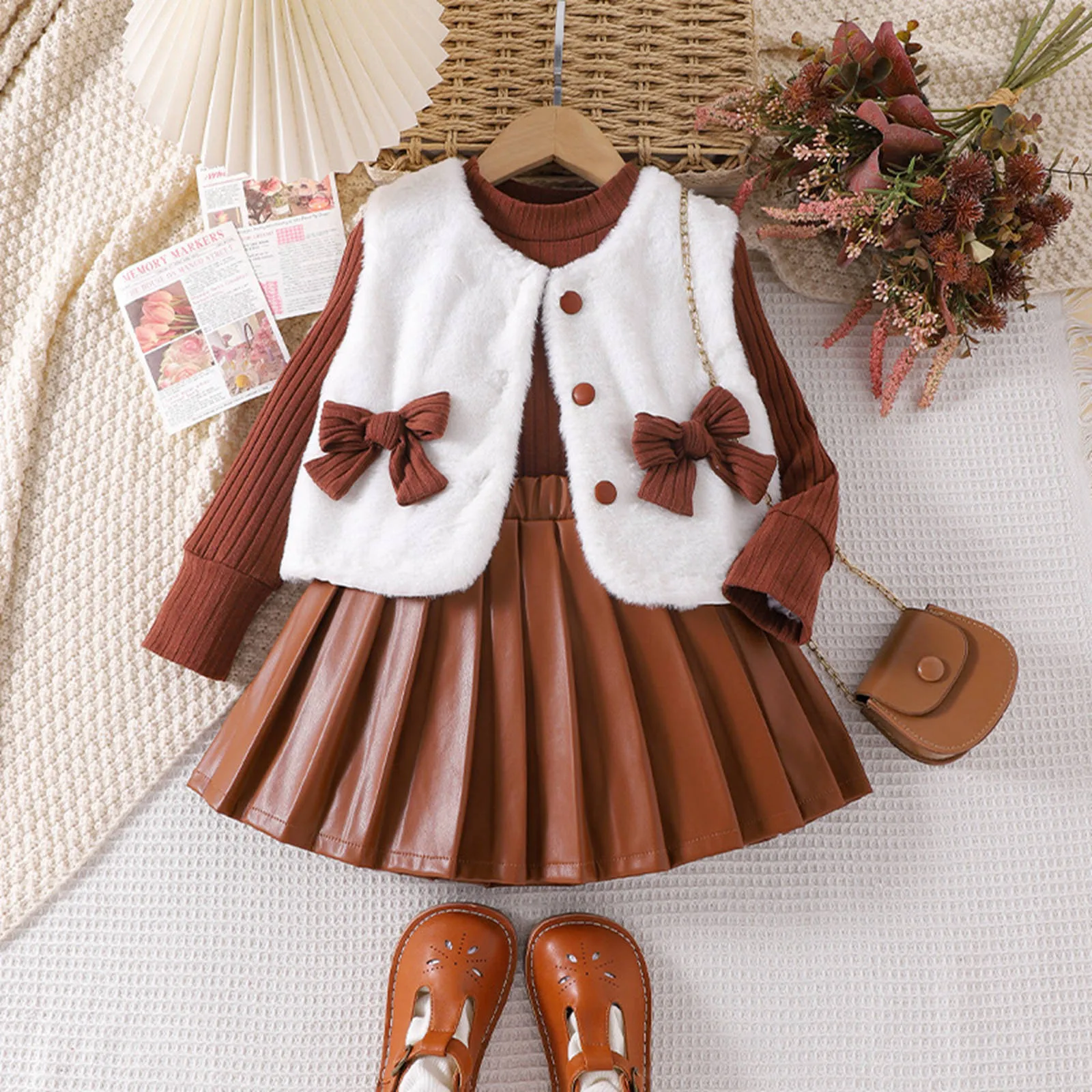 

3Y,4Y,5Y,6Y,7Y Kids Toddler Girls Winter Clothes Outfits Long Sleeve Sweater+Brushed Vest Tops And Pleated Skirt 3Pcs Outfits