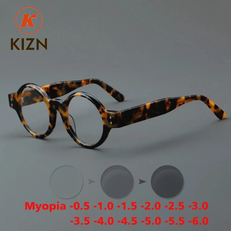 

KIZN винтажные ацетатные очки для близорукости, антисиние обесцвеченные очки, оправа для мужчин, большие круглые очки по рецепту, женские очки от -0,50 до -6,0