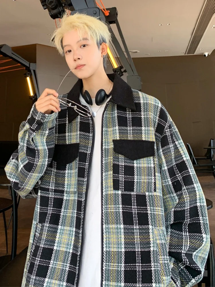 

American Sle Plaid Jaet Men's Retro High-End Flip Collar Coat Spring Autumn Small Fraance Sle Loose Fit Long Sve