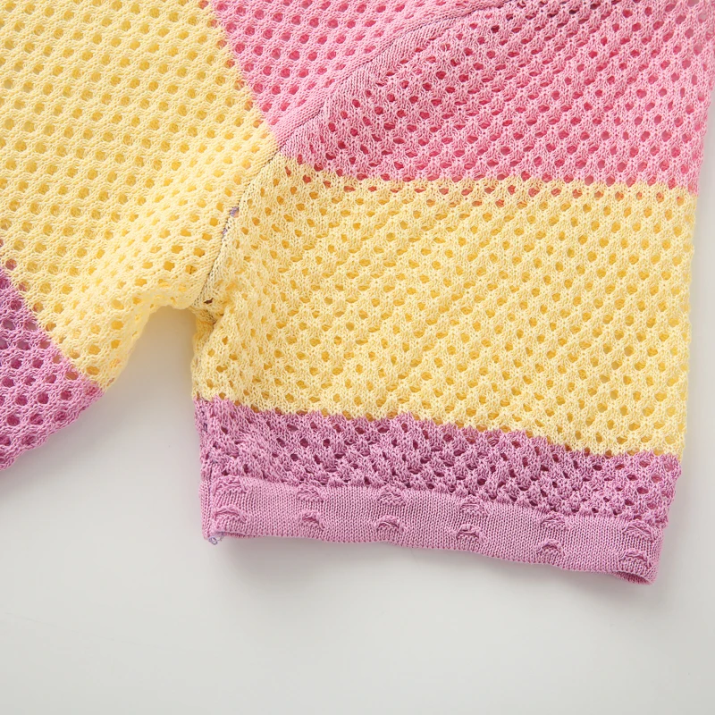 Sweet Knitted Hollow Design ort Sve Women's Striped Slimming Top Dopane Sle Summer New Arrival Casual Commute Wind