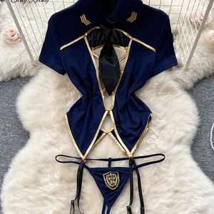 بدلات مضيفة SINGREINY-Erotic للنساء، زي مثي، بلوزة قصيرة الأكمام، سراويل داخلية صغيرة، مجموعات ملابس داخلية غير منتظمة، جوفاء أفضل 6 زي مضيفة مبيعات - رقم 1