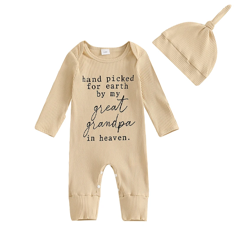 

Baby Boys Jumpsuit Set Long Sleeve Crew Neck Letters Print Romper with Hat Fall Outfit