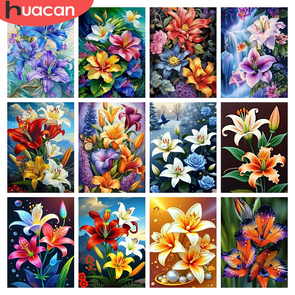 HUACAN Diamant-Gemälde, 5D-Lilienblume, voll quadratisch, rund, Diamant-Mosaik-Set, Blumen-Strasssteine, Bilder, Heimdekoration, handgefertigt