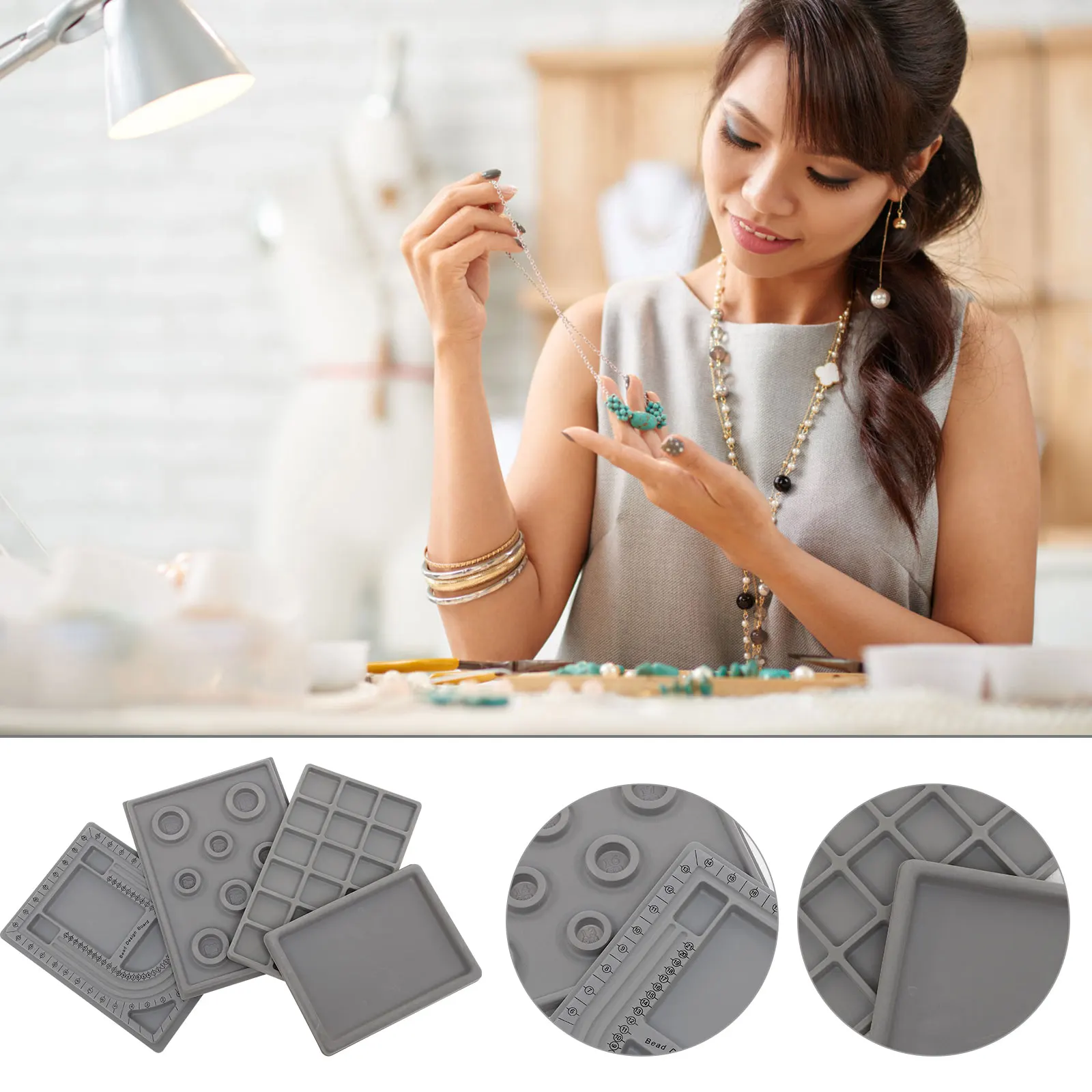 

4pcs Bead Design Board Jewelry Making Tray Beading Organizer Storage Box Grey Smooth Plastic Measurement Plate Necklace
