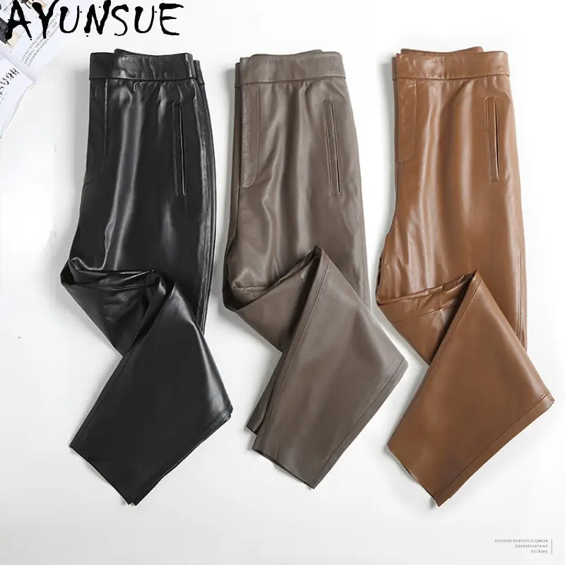 

AYUNSUE Real Sheepskin Leather Pants Women's Clothing High Waist Pants Korean Style Harem Pants Women Trousers Nine-point Pants