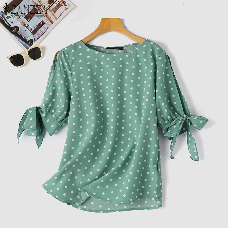 ZANZEA Damenmode Polka Dot Blusen O-Ausschnitt Gebundene Schlitzmanschetten Halbarm Elegante Tops Sommer Casual Alltagskleidung Blusas Mujer – Detail 11