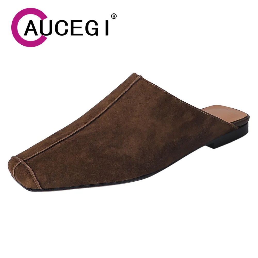 Aucegi Classic Elegant Kid Suede Women Summer Mules New Fashion Square Toe Comfortable Low Heel Comfort Commuter Casual Shoes