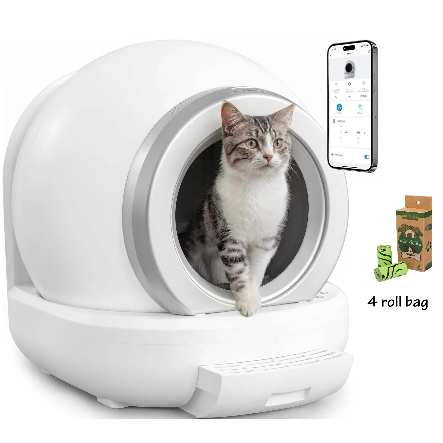 Smart Cat Litter Box, Large Automatic Cat Litter Box with APP Control  Wi-Fi Supported Self Cleaning Litter Box With 4 roll bag