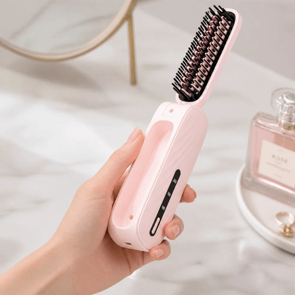 Portable Negative Ion Straightening Brush Foldable Wireless Mini Straight Hair Brush Fast Lightweight Bangs Curling Iron Travel