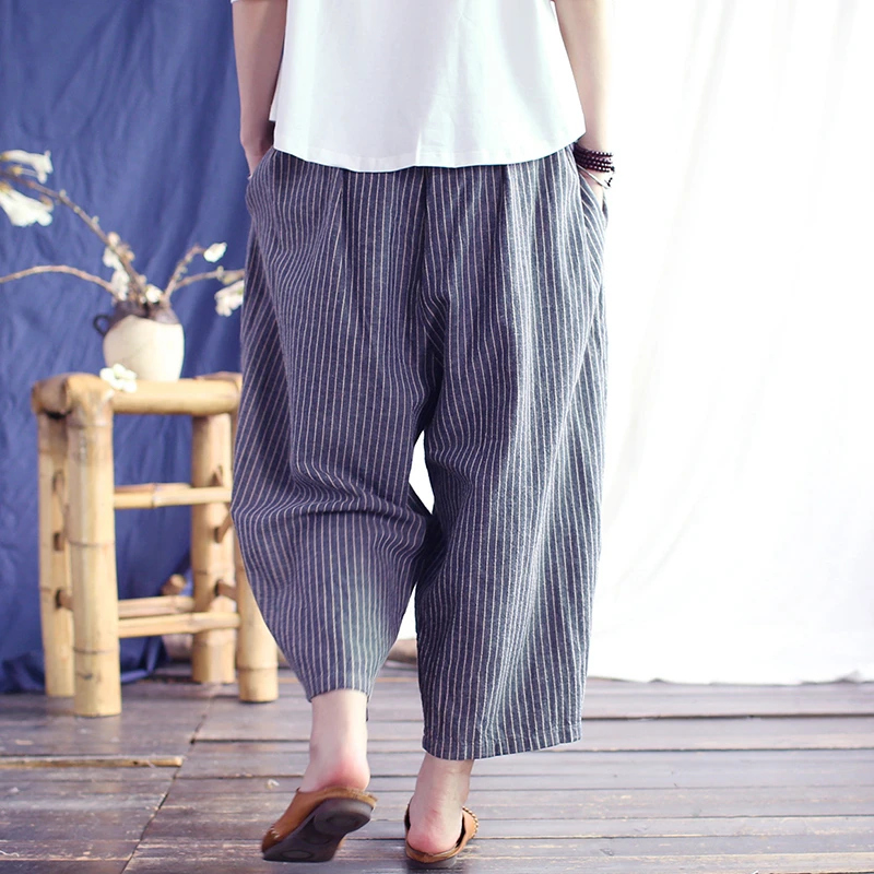 Damskie bawełniane lniane spodnie na co dzień New Arrival 2025 lato w stylu Vintage w paski luźne kobiece spodnie haremowe do kostek M1389