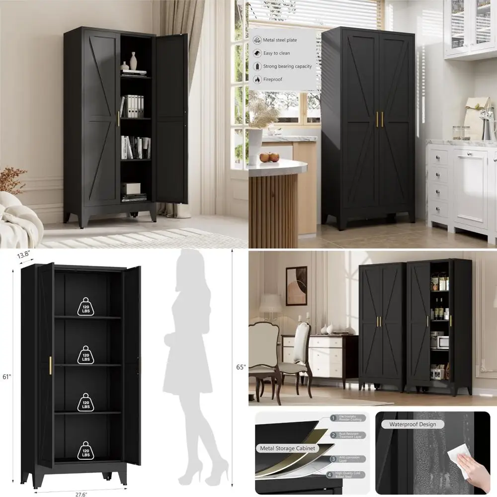 61 خزانة مخزن المطبخ، خزانة تخزين معدنية لبابين و3 أرفف قابلة للتعديل، خزائن خزانة مخزن معدنية f #1