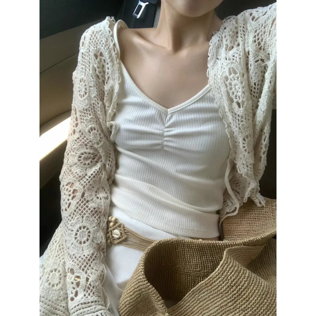Women's Bohemian Vintage Knitted Open Cardigan Coat Hollow out Hook Flower Belted Holiday Style Sun Protection Short Top