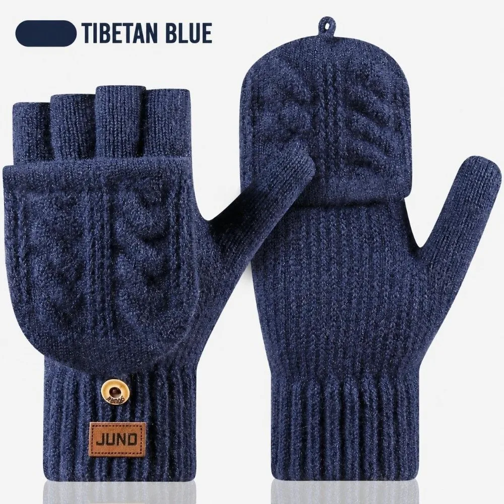 Soft Unisex Winter Cable Knitted Gloves Polyester Blend Warm Men Flip Top Gloves One Size Women Half Finger Mittens For Work