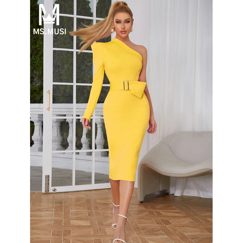 

MSMUSI 2024 New Fashion Women Sexy One Shoulder Long Sleeve Backless Bodycon Party Club Event Slim Midi Dress With Belt Vestidos