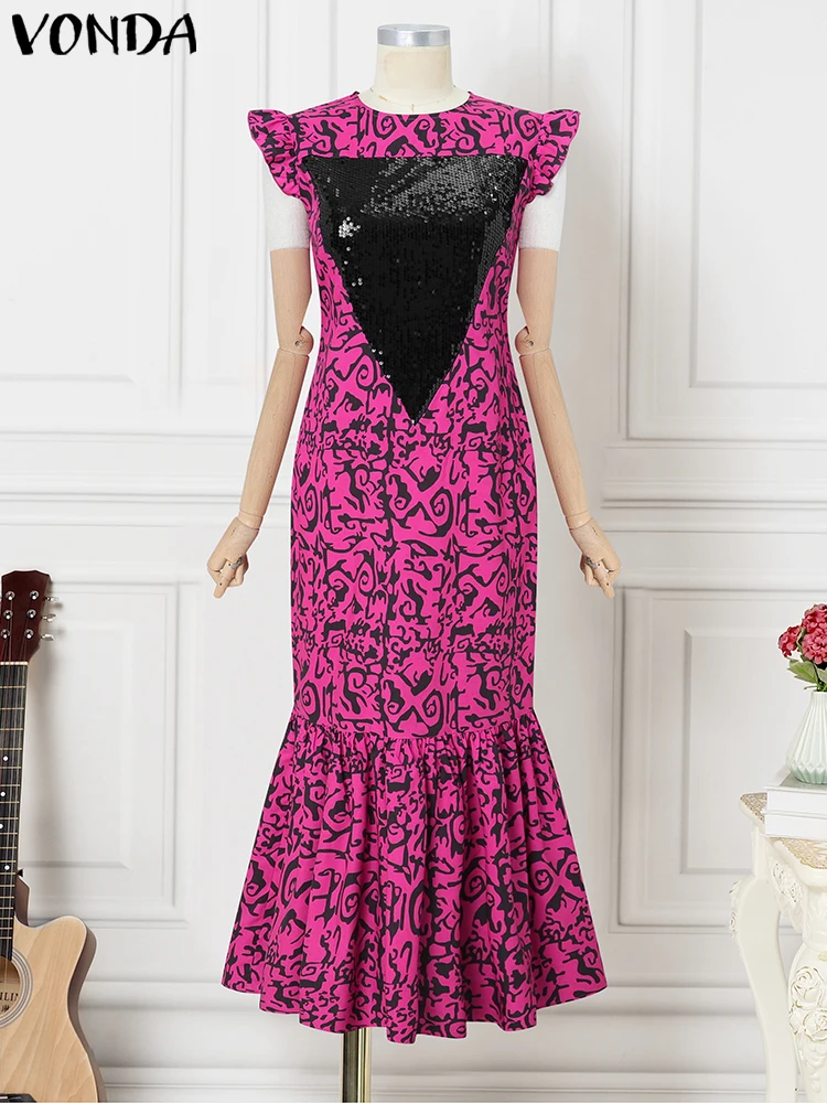 

Платье макси большого размера VONDA, женский длинный сарафан без рукавов с богемным принтом, лето 2021, модные лоскутные пляжные платья с рюшами