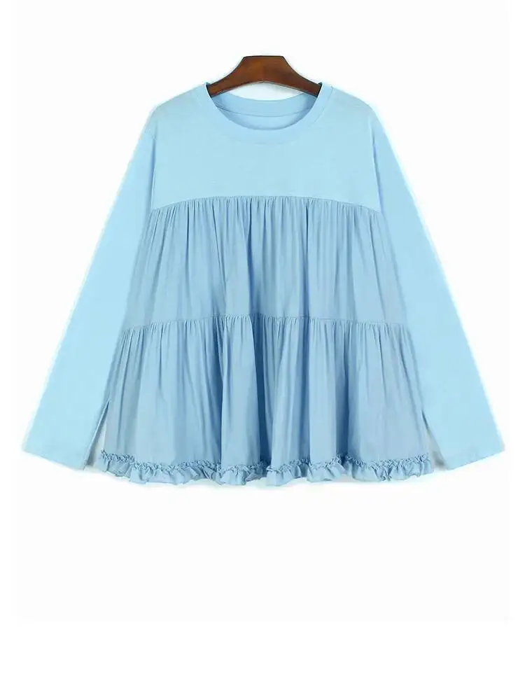 

Женская синяя плиссированная элегантная блузка большого размера, новая рубашка с круглым вырезом и длинными рукавами, модная весна-осень