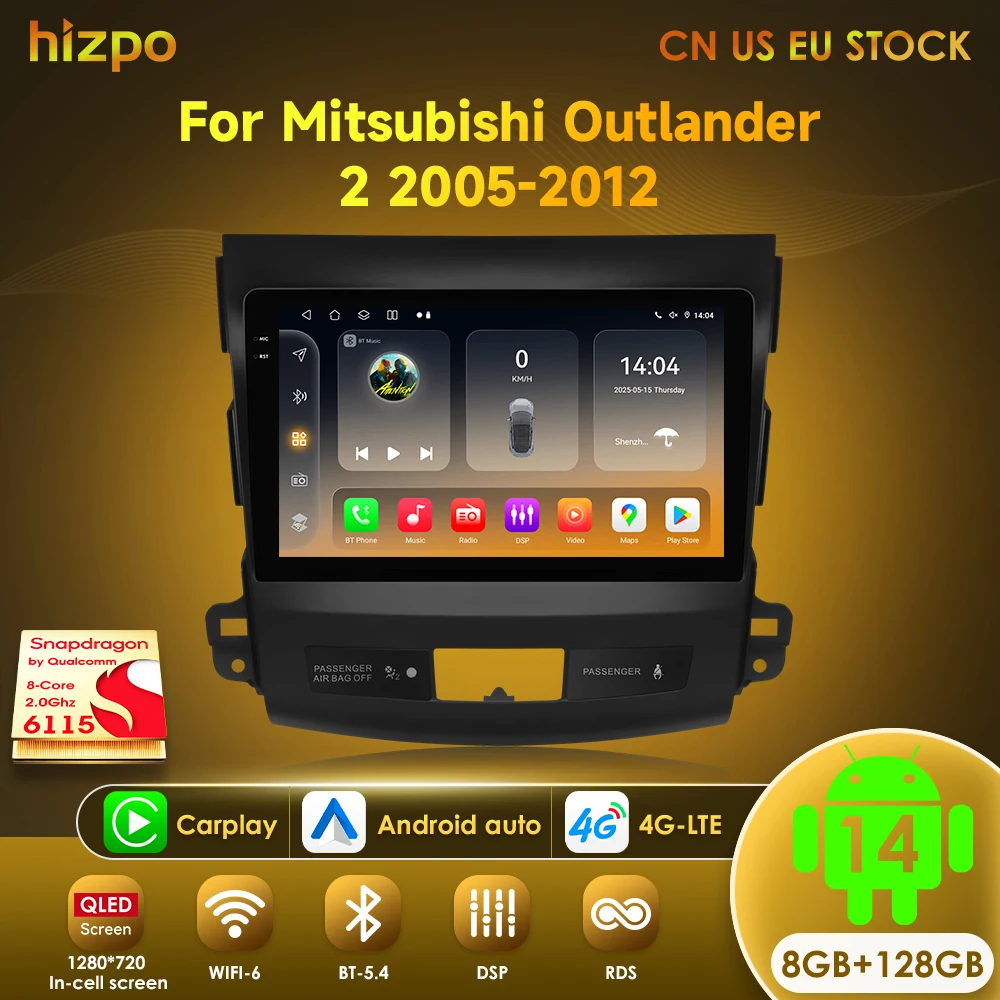 Hizpo 2 Din Android 14 Car Radio For Mitsubishi Outlander 2 2005-2012 Multimedia Video Player GPS Navigation Carpaly Stereo Wifi
