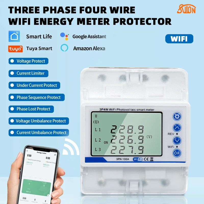 4P Tuya WiFi 3*220/380V 5(80)A Smart Bidirectional Energy Meter Over Under Voltage Protector Relay Switch Current Limiter Smart
