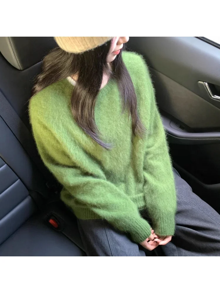 Women's Fashion Simple Casual Green Soft All Match Knitted Sweater Female O Neck Long Sleeve Loose Pullover Tops Sweet Sweaters