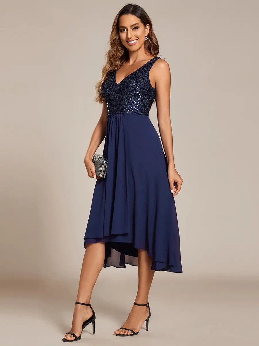 Elegant Evening Dress Deep V-Neck Sleeveless Sequin Bodice Midi Length 2024 Ever Pretty of Chiffon Navy Blue Wedding Guest Dress