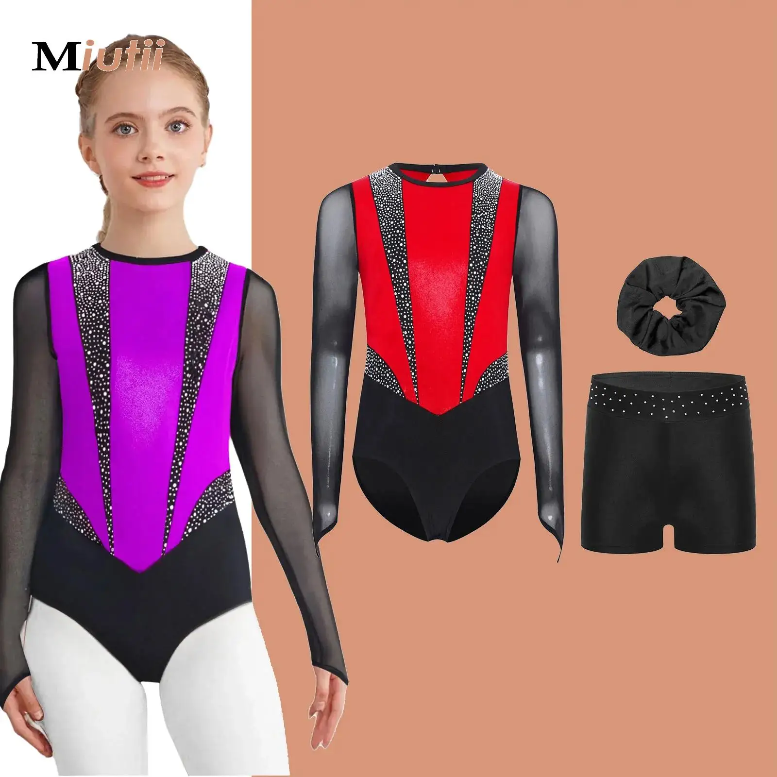 

Kids Girls Rhinestone Ballet Leotards Gymnastics Bodysuit with Shorts Headwear Set Skating Stage Performance Workout Dance Wear