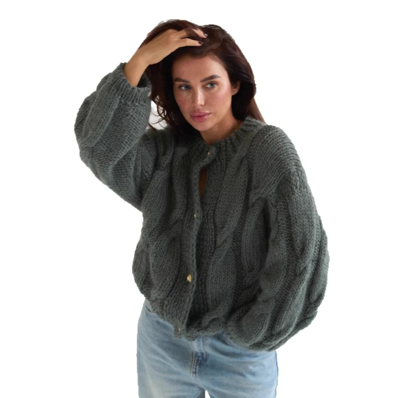 Jesień i Zima 2025 Nowe, grube, dziergane swetry damskie w jednolitym kolorze, z motywem wstążek z ciasta smażonego, z możliwością personalizacji.