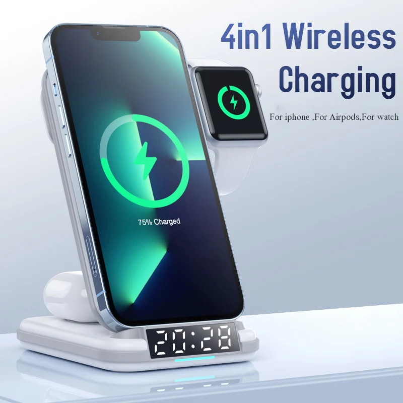 

4in1 Wireless Charger for Samsung for iphone Portable Station Alarm Clock Multifunction Smart Watch Custom logo Dropshiping
