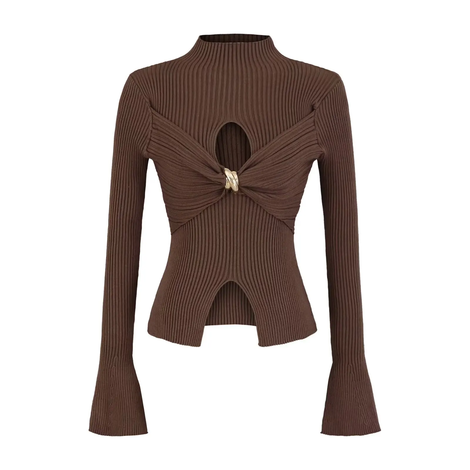 官能的な透かし編みニットベースシャツ レディース スリムフィット ハイネック インナーウェア メタルバックル ピュアデザイアスタイル 半袖トップス