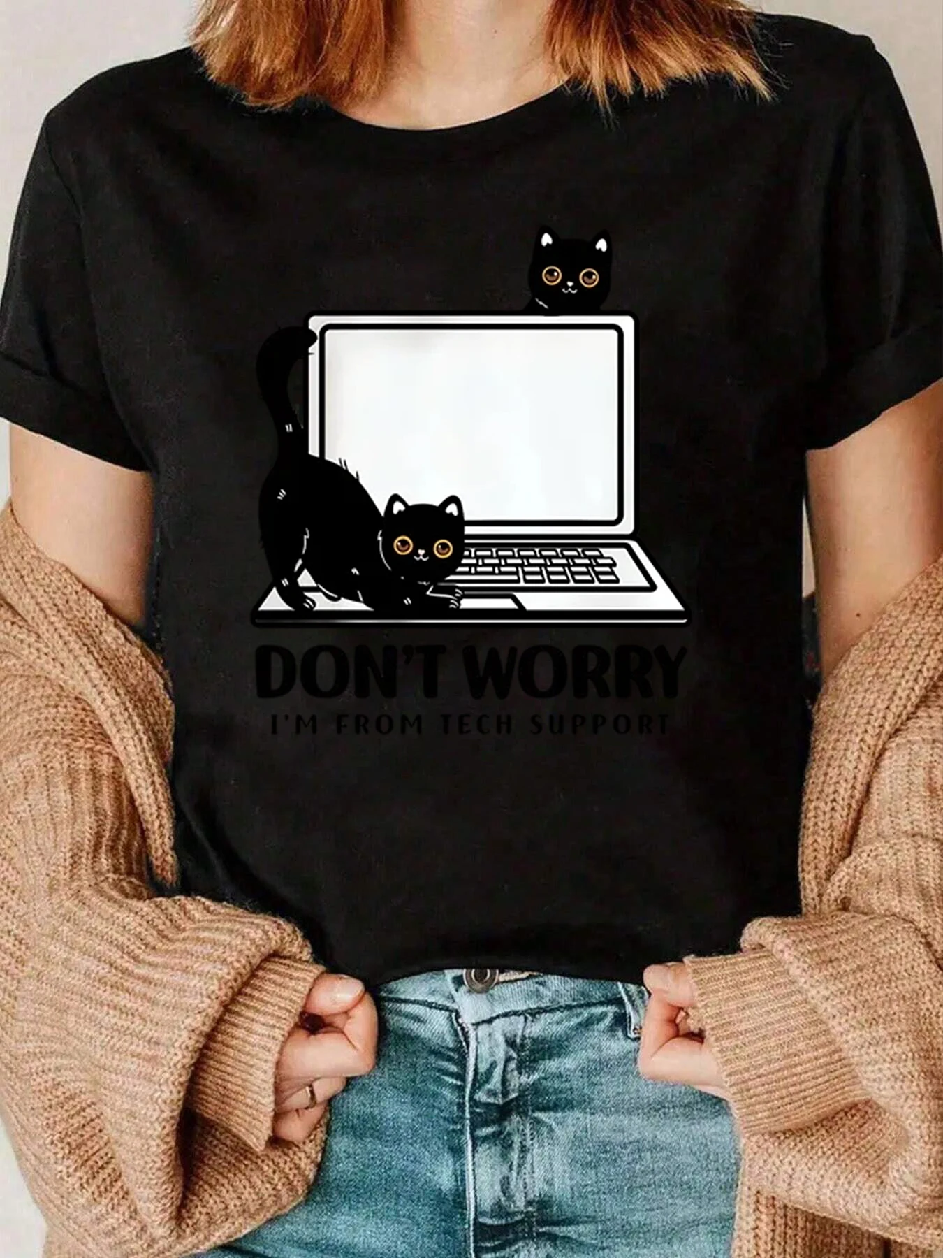 Cat And Laptop Graphic Tee Short Sleeve Casual Top For Women Office Work 220g