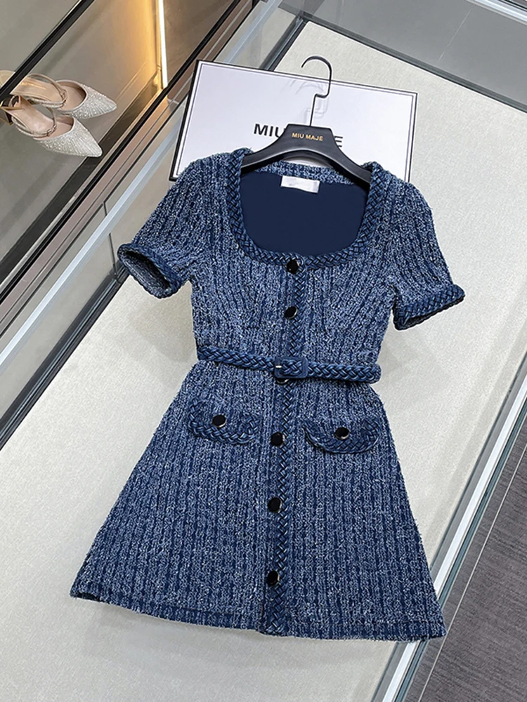 

High Waist A-Line Dr Square Ne Denim Blue Tweed Waist Cinching Fraance Sle Women's Faion Spring Summer Autumn