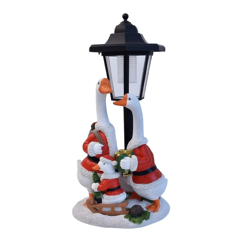 White Resin Solar Powered Goose Figure in Santa Attire for Outdoor Indoor Holiday Decor Garden Patio Porch 16x11.3x31.5cm