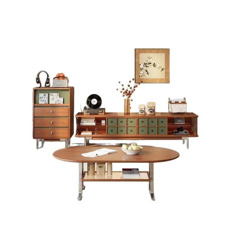 

Medieval solid wood TV cabinet coffee table combination living room small apartment storage locker advanced