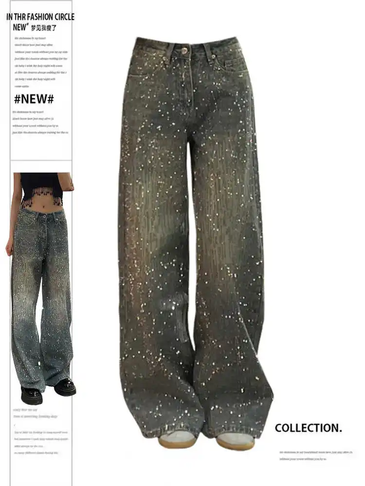 

Women's Y2k Baggy Jeans Harajuku Vintage Rhinestone Denim Trousers Japanese 2000s Style Oversize Wide Jeans Long Pants Clothes