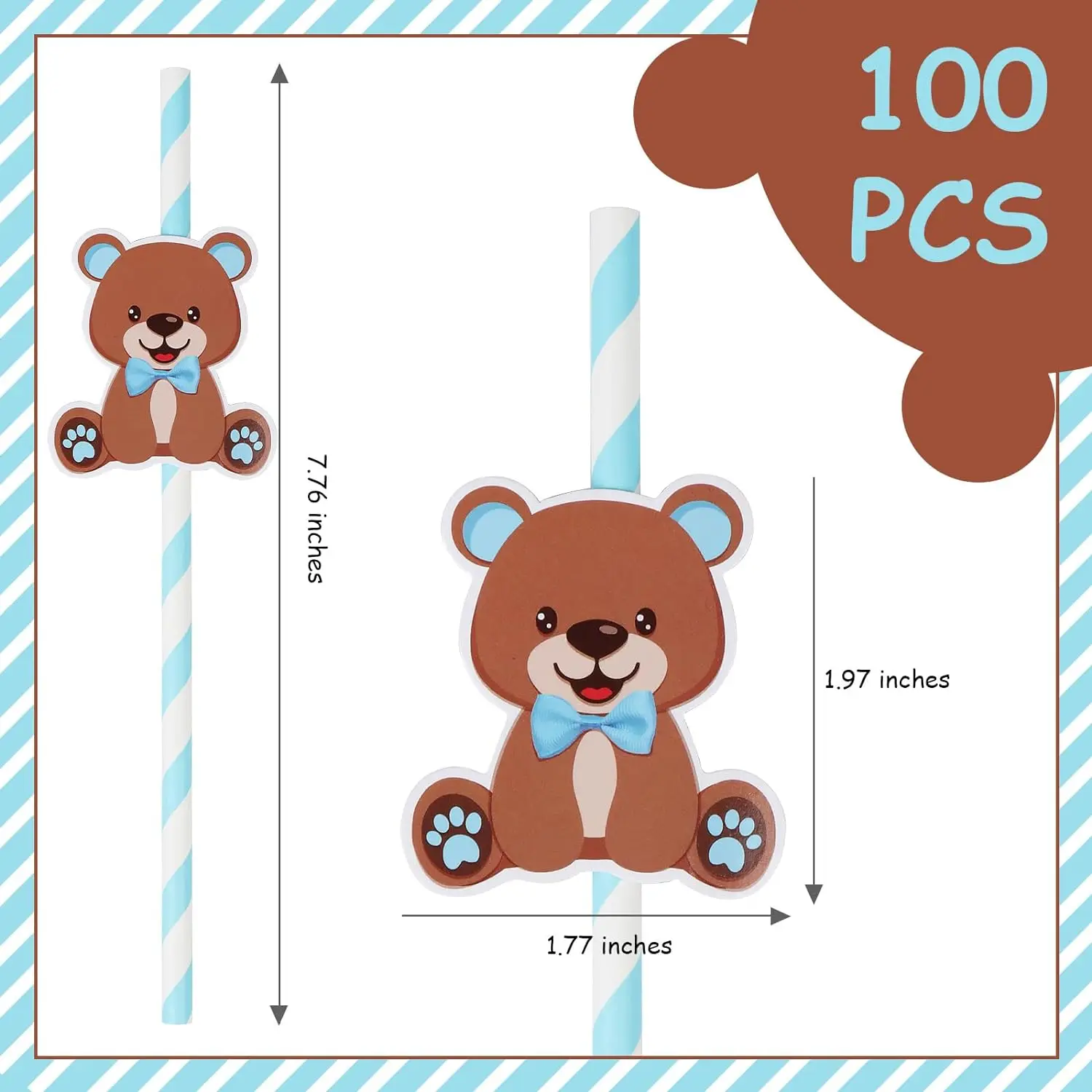 100PCS Bear Paper Straws Baby Shower Decor Disposable Paper Straws Double-sided Printing Little Cutie Straws Birthday Wedding