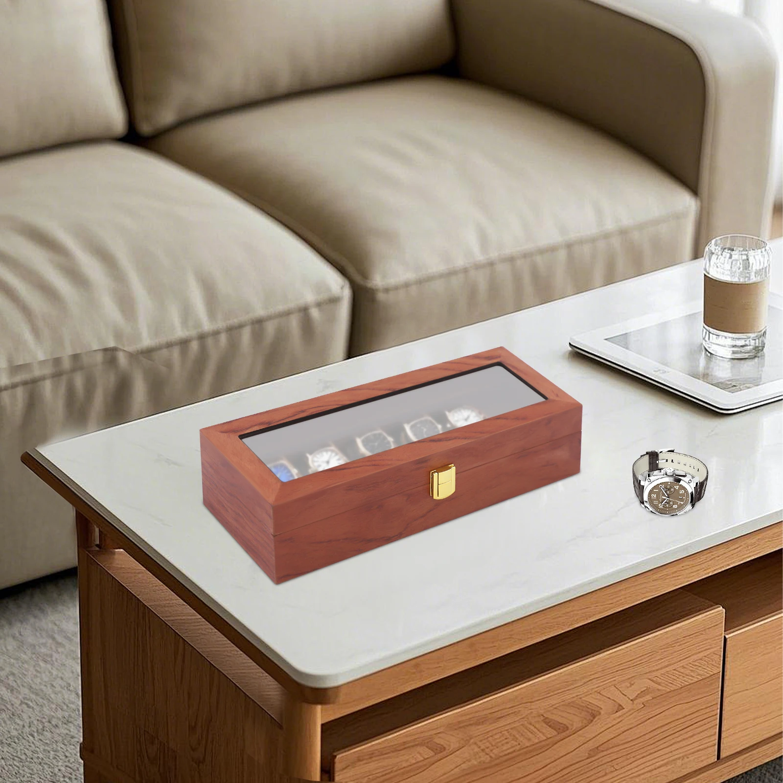Six-Compartment Watch Box with a Practical Clasp, Each Compartment Is Lined with High-Quality Velvet Suitable for Storing Watches and Other Jewelry