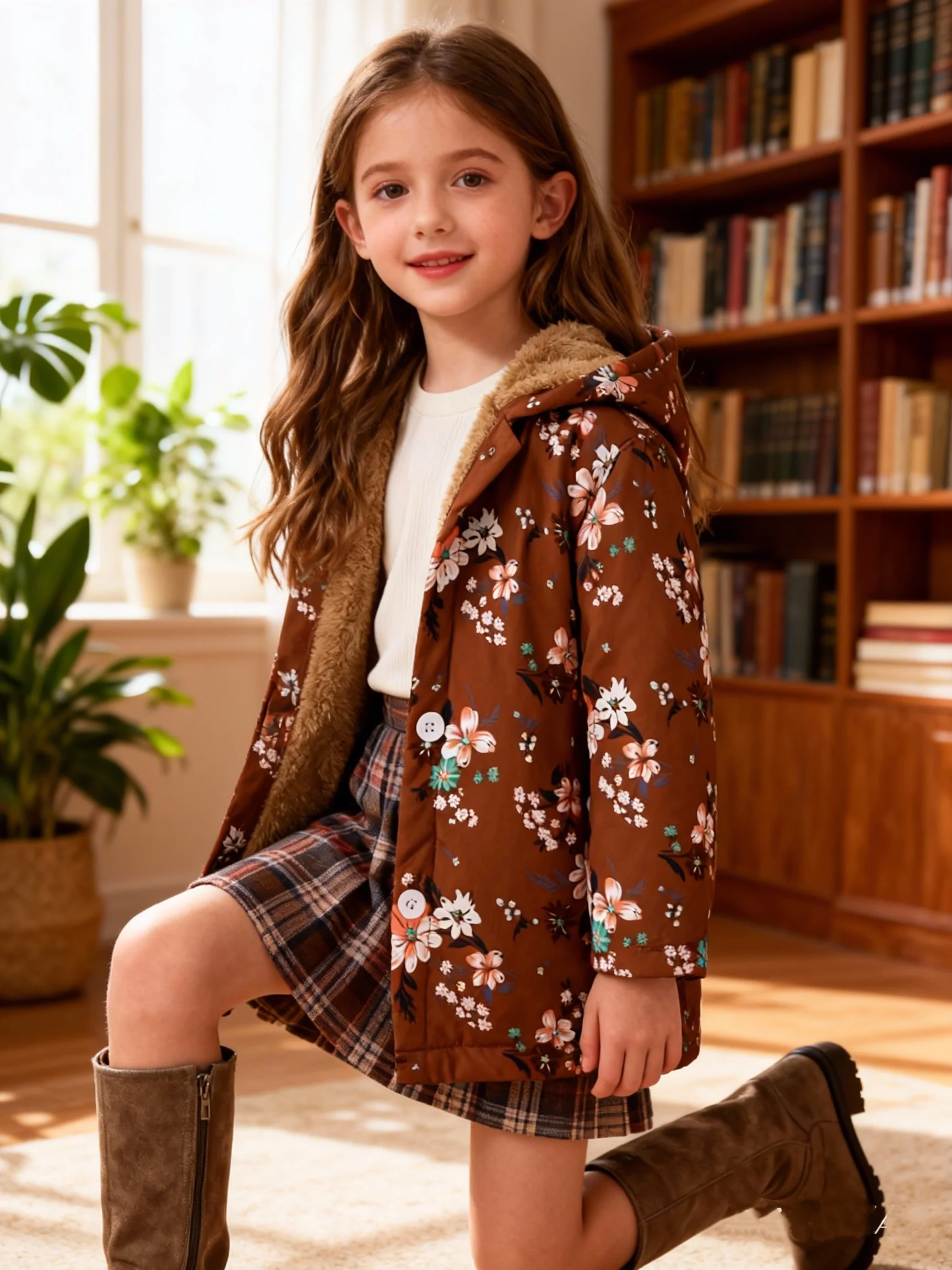 Neue Herbst- und Wintermode für Mädchen mit langen Ärmeln, dicker Samt und Kapuzenjacke mit Blumendruck, Freizeitjacke