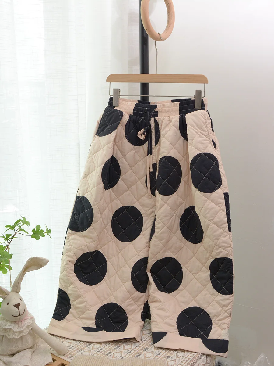 

Новые зимние хлопковые брюки с широкими штанинами, утепленные, в корейском и японском стиле, с крупным художественным принтом в горошек, повседневные