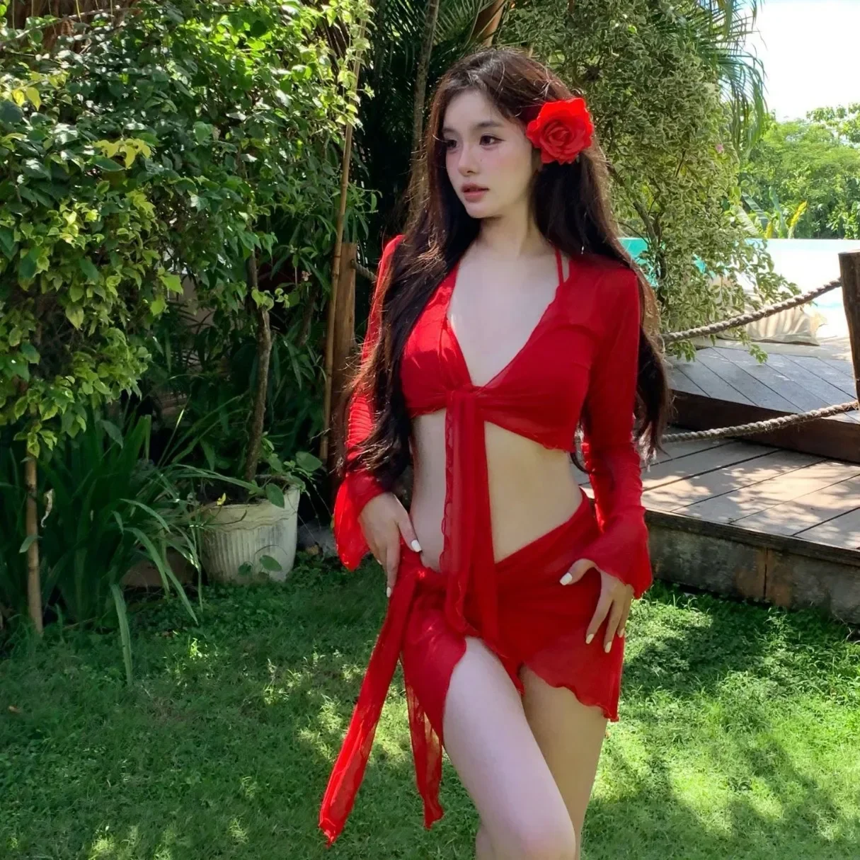 Cobertura com saia de malha roupa de banho praia verão coreano maiô feminino sexy vermelho 4 peça conjunto biquíni manga longa