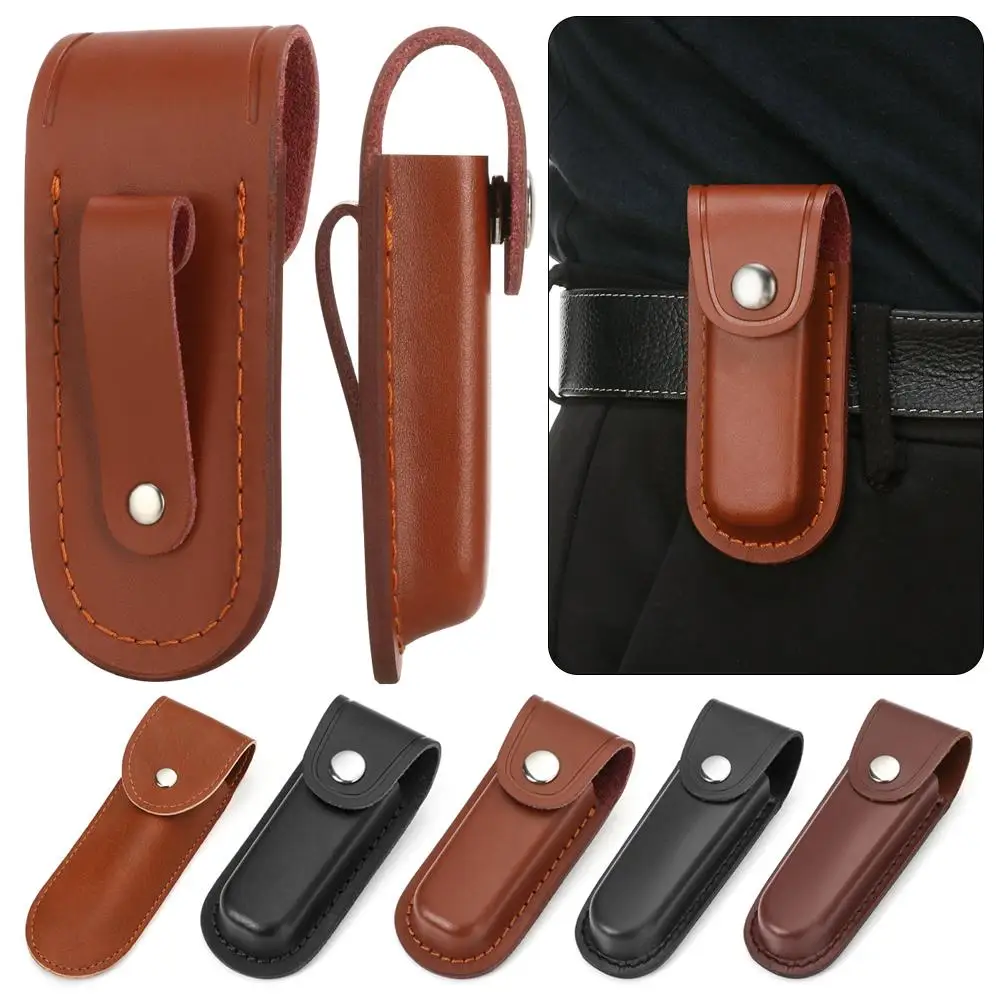 High Quality Leather Sheath Holder Pocket Hunt Belt Loop Case Fold Knife Tool Camp Outdoor Carry Flashlight Case
