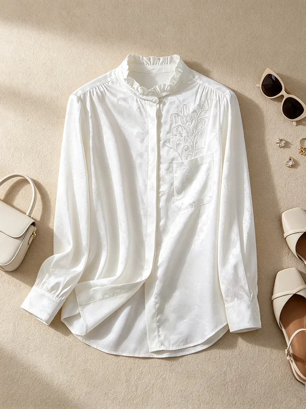 

Silk Chiffon Blouse with Lace Collar Single Button Inner And Outer Wear Spring Fashion New Chinese Style Straight Cut Long Sl...