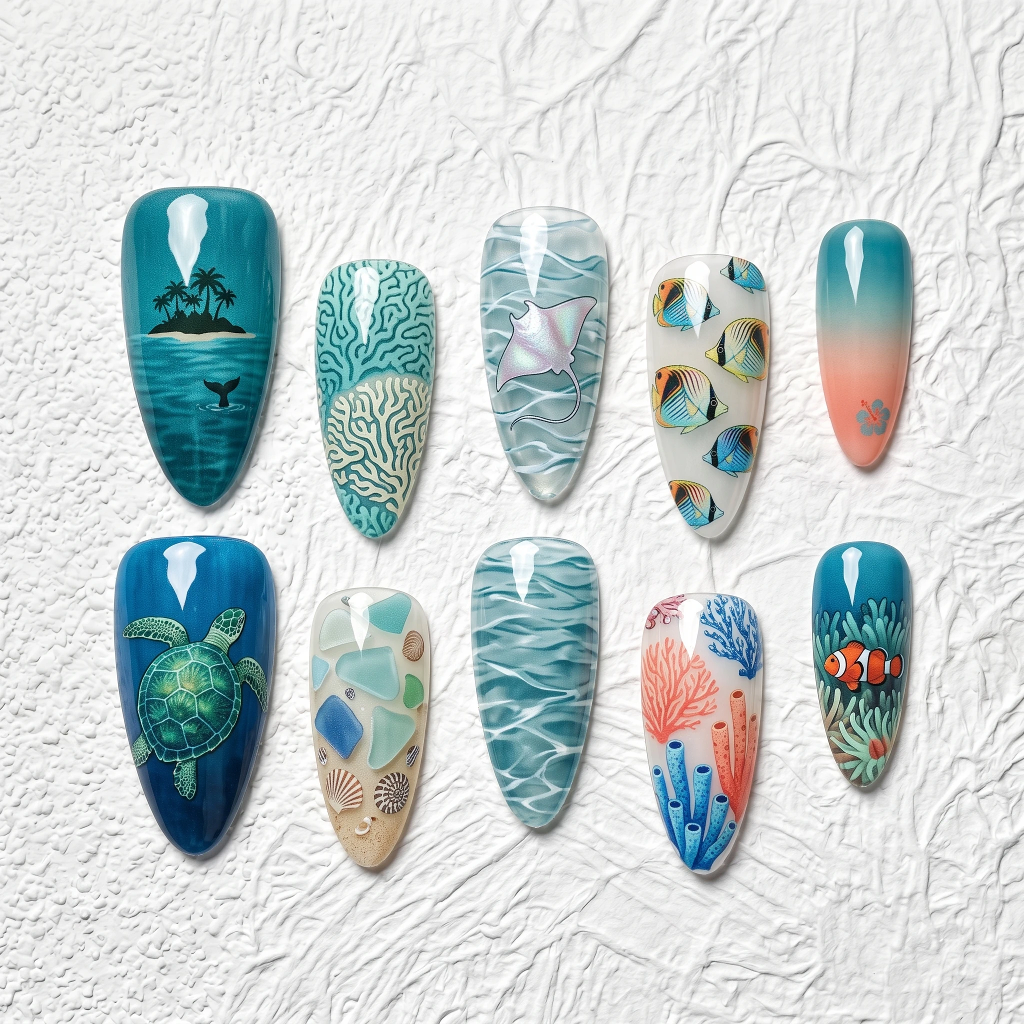 Artisan Handcrafted 10PCS Ocean Adventure Almond Press-On Nails | Sea Turtle, Manta Ray, Clownfish & Coral Scenes, Glitter Finis