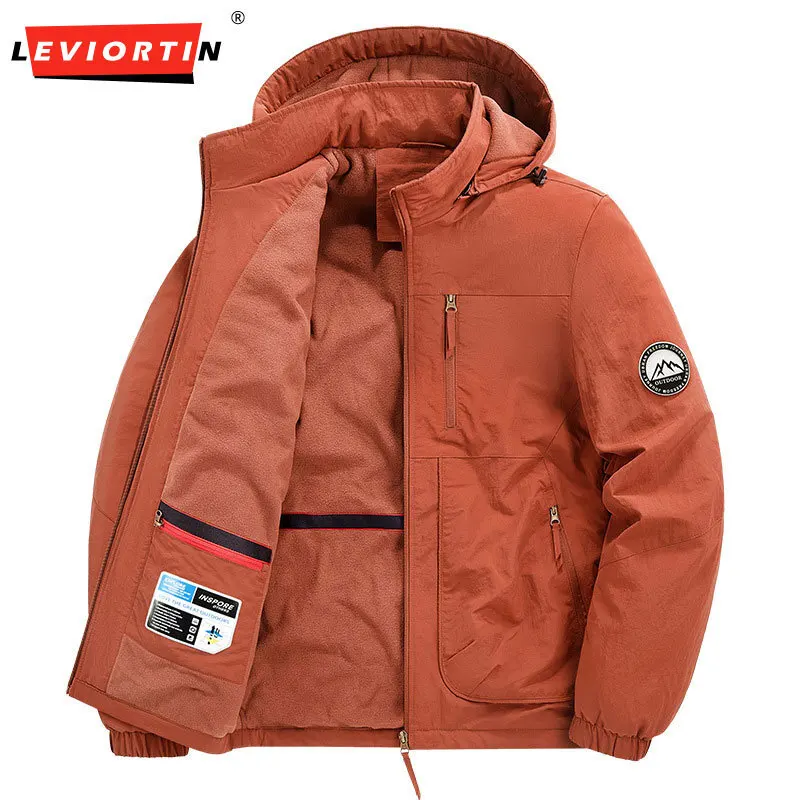 Men's winter Japanese workwear with plush thick coat, casual loose and simple hooded multi pocket design workwear jacket