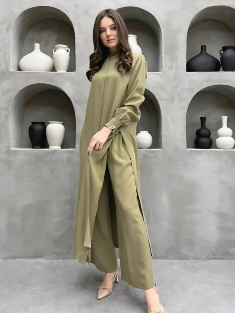 

Мусульманские комплекты Ид, женские однобортные длинные блузки, широкие брюки, комплект из двух предметов, ансамбль, Дубай, арабский повседневный комплект