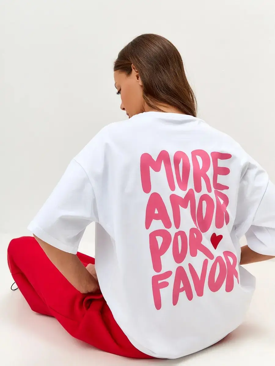 Women Soft Cotton T-Shirt More Amor Por Favor Spanish Slogan Mini Red Heart Graphic Loose Latin Vacation Casual Short Sleeve Tee