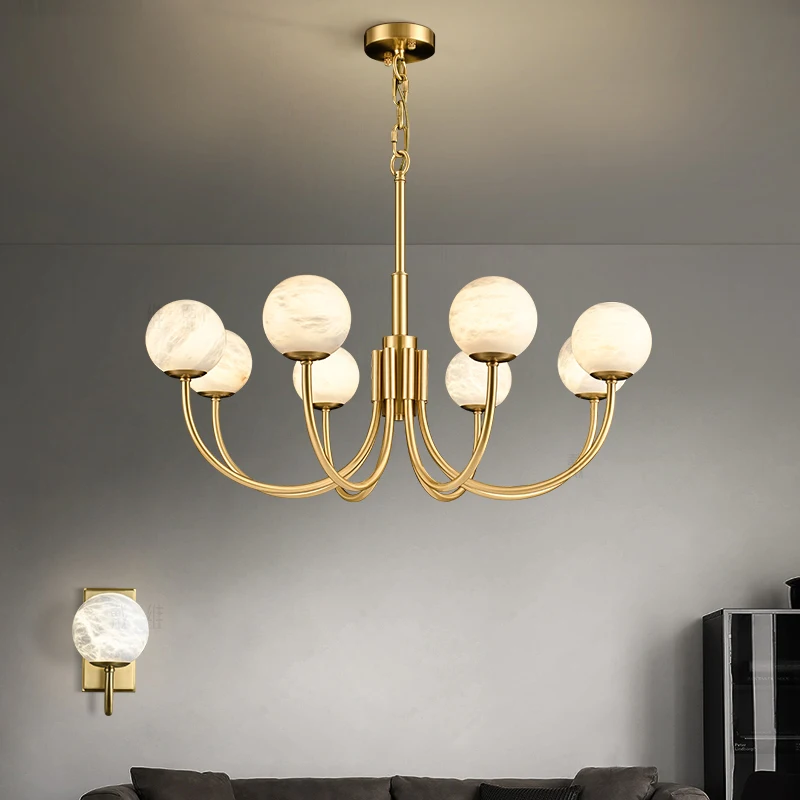 Modern, simple, light luxury, all copper marble, living room, dining room, atmospheric lamps, chandeliers