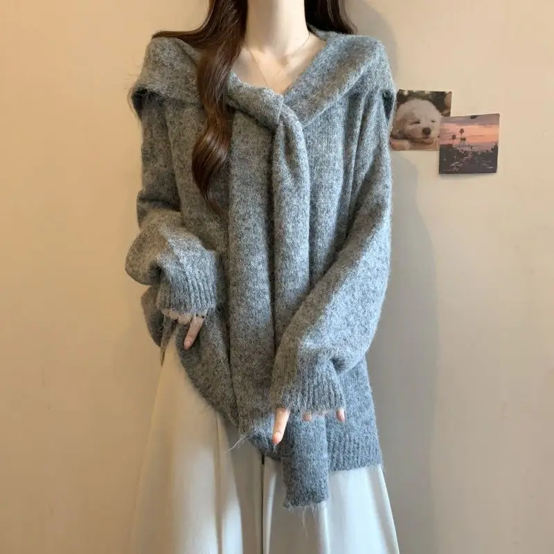 Pullover coreani con colletto alla marinara con scialle casual lavorato a maglia autunno inverno moda fasciatura abbigliamento da donna maglioni larghi a maniche lunghe