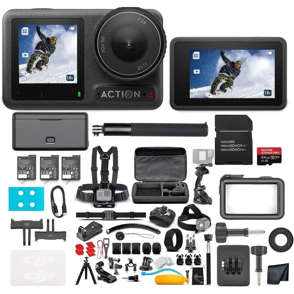 

Двухэкранная камера Action 4K UHD со стабилизацией, картой 64 ГБ и комплектом из 50 предметов для видеоблогов, путешествий и занятий спортом